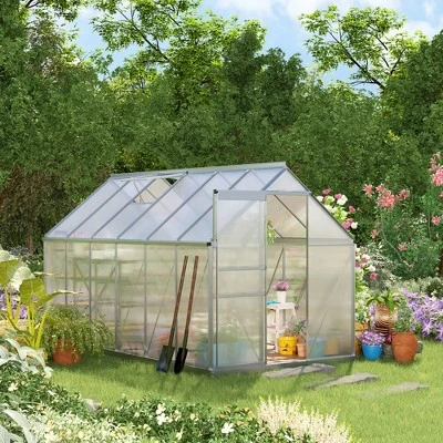 Outsunny Aluminum Greenhouse, Polycarbonate Walk-in Garden Greenhouse Kit With Adjustable Roof Vent, Rain Gutter And Sliding Door For Winter, Silver 1 Outsunny Aluminum Greenhouse, Polycarbonate Walk-in Garden Greenhouse Kit With Adjustable Roof Vent, Rain Gutter And Sliding Door For Winter, Silver