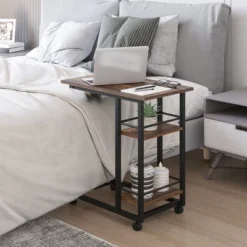 HOMCOM C Shaped End Table With Storage Shelves, Mobile Side Table With Wheels For Sofa Couch, Bed, Metal Frame, Rustic Brown