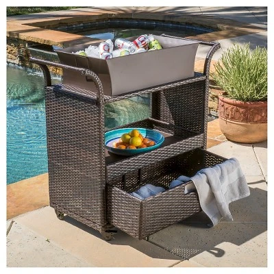 Ravenna Wicker Patio Bar Cart With Ice Bin - Brown - Christopher Knight Home 2 Ravenna Wicker Patio Bar Cart With Ice Bin - Brown - Christopher Knight Home - Image 2