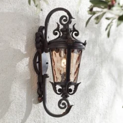 John Timberland Casa Marseille Vintage Rustic Outdoor Wall Light Fixture Veranda Bronze 19" Champagne Hammered Glass For Post Exterior Barn Deck House