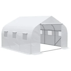 Outsunny 12' X 10' X 7' Walk-in Outdoor Tunnel Greenhouse, PE Cover, Steel Frame, Roll-Up Zipper Door & 6 Windows For Tropical Plants, White -Garden Furniture Store GUEST ea622203 f11d 4b27 a878 991b65454f3b