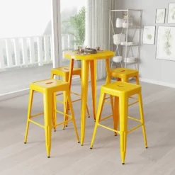 Merrick Lane Patio Set With Table And Backless Stools - Powder Coated Metal Frames For Indoor And Outdoor Use