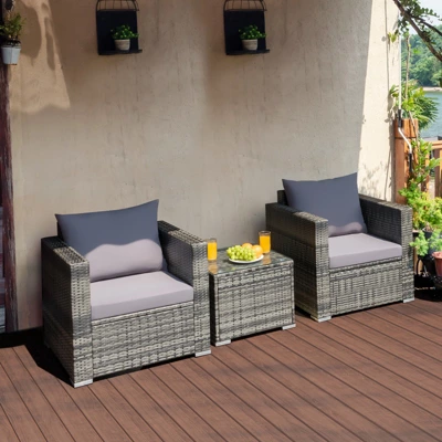 Tangkula 3-Piece Patio Wicker Conversation Set Bistro Rattan Sofa Chair With Washable Cushion Gray 2 Tangkula 3-Piece Patio Wicker Conversation Set Bistro Rattan Sofa Chair With Washable Cushion Gray - Image 2