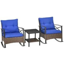 Outsunny 3 Piece Rocking Bistro Set, Outdoor Wicker Patio Furniture, 2 Porch Rockers, Table, Tufted Cushions, Conversation Set, Dark Blue -Garden Furniture Store GUEST f1d80936 74a8 47ed b81c c7f634688463