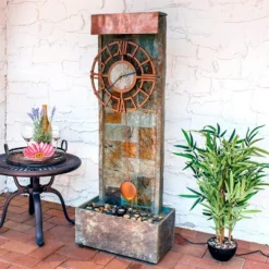 Sunnydaze Decor Sunnydaze 49"H Electric Natural Slate Indoor/Outdoor Water Fountain With Clock And LED Light
