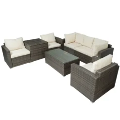 7pc Wicker Patio Seating Set With Cushions & Storage Box - Gray/Beige - GODEER -Garden Furniture Store GUEST f6d5b90b 9108 469b 97e2 783e6a2a3070