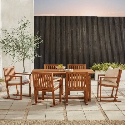 Saracina Home 7pc Modern Slatted Acacia Outdoor Dining Set With Trapezoid Legs 2 Saracina Home 7pc Modern Slatted Acacia Outdoor Dining Set With Trapezoid Legs - Image 2