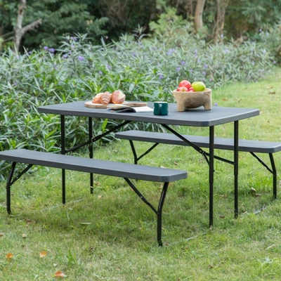 Gardenised Gray Outdoor Foldable Woodgrain Portable Picnic Table Set, 5 Feet Long 2 Gardenised Gray Outdoor Foldable Woodgrain Portable Picnic Table Set, 5 Feet Long - Image 2