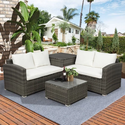 4pc Wicker Patio Conversation Set With Cushions - Gray/Beige - GODEER 2 4pc Wicker Patio Conversation Set With Cushions - Gray/Beige - GODEER - Image 2