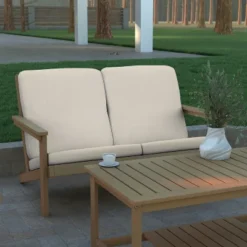 Emma And Oliver All-Weather Polyresin Adirondack Loveseat With Deep Seat And Comfortable Back & Seat Cushions